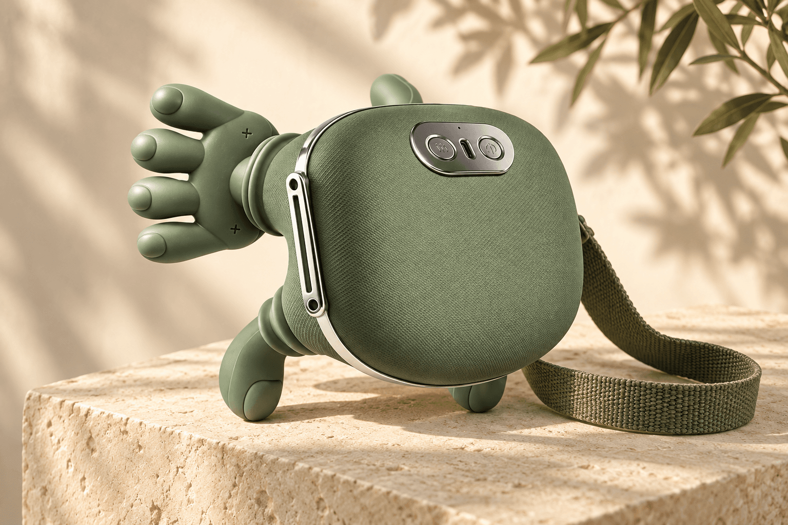 Sage green neck and shoulder massager on a sunlit limestone pedestal