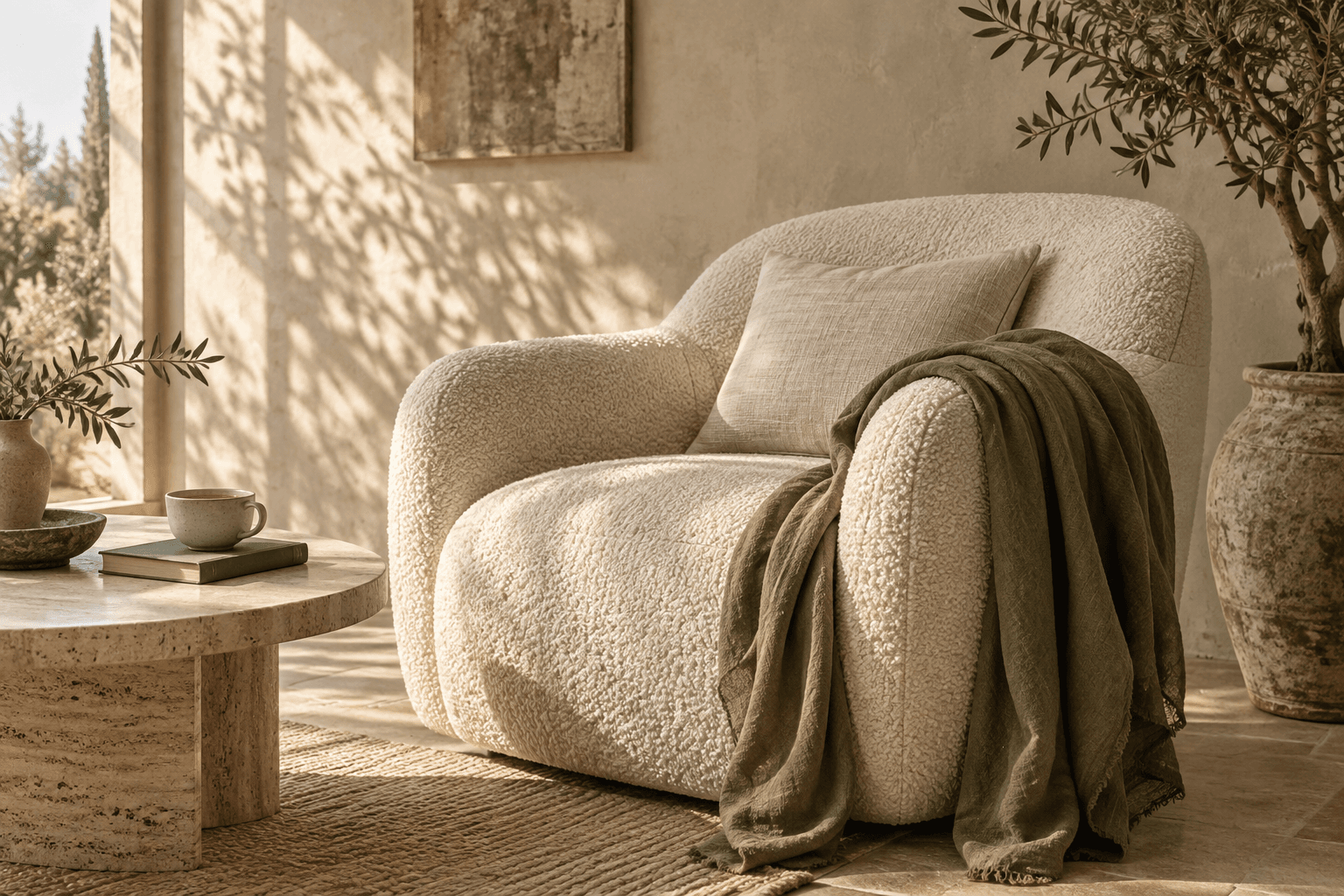 A quiet sunlit room with a comfortable reading chair, a cup of tea and an olive tree
